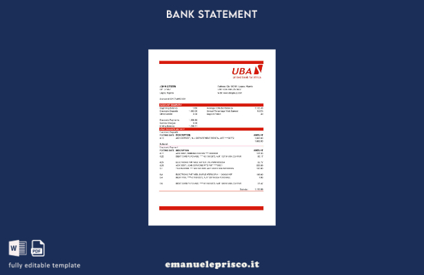 modello Excel di estratto conto bancario UBA della Nigeria in stile verificato